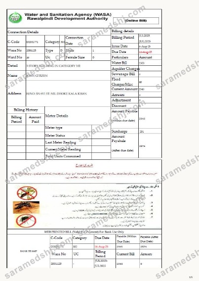 Pakistan Water and Sanitation Agency Rawalpindi Development Authority utility bill template in Word and PDF formats